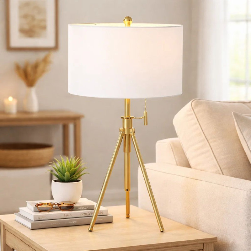 Lampe de table Simi, trépied réglable, abat-jour en lin blanc, métal doré, Or brossé