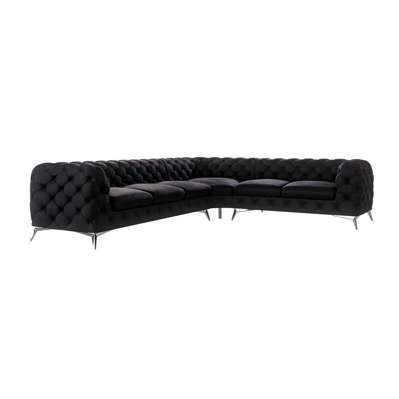 Chesterfield Corner Sofa L-Shape Bixby with Silver Metal Legs, Left Hand Facing, Black