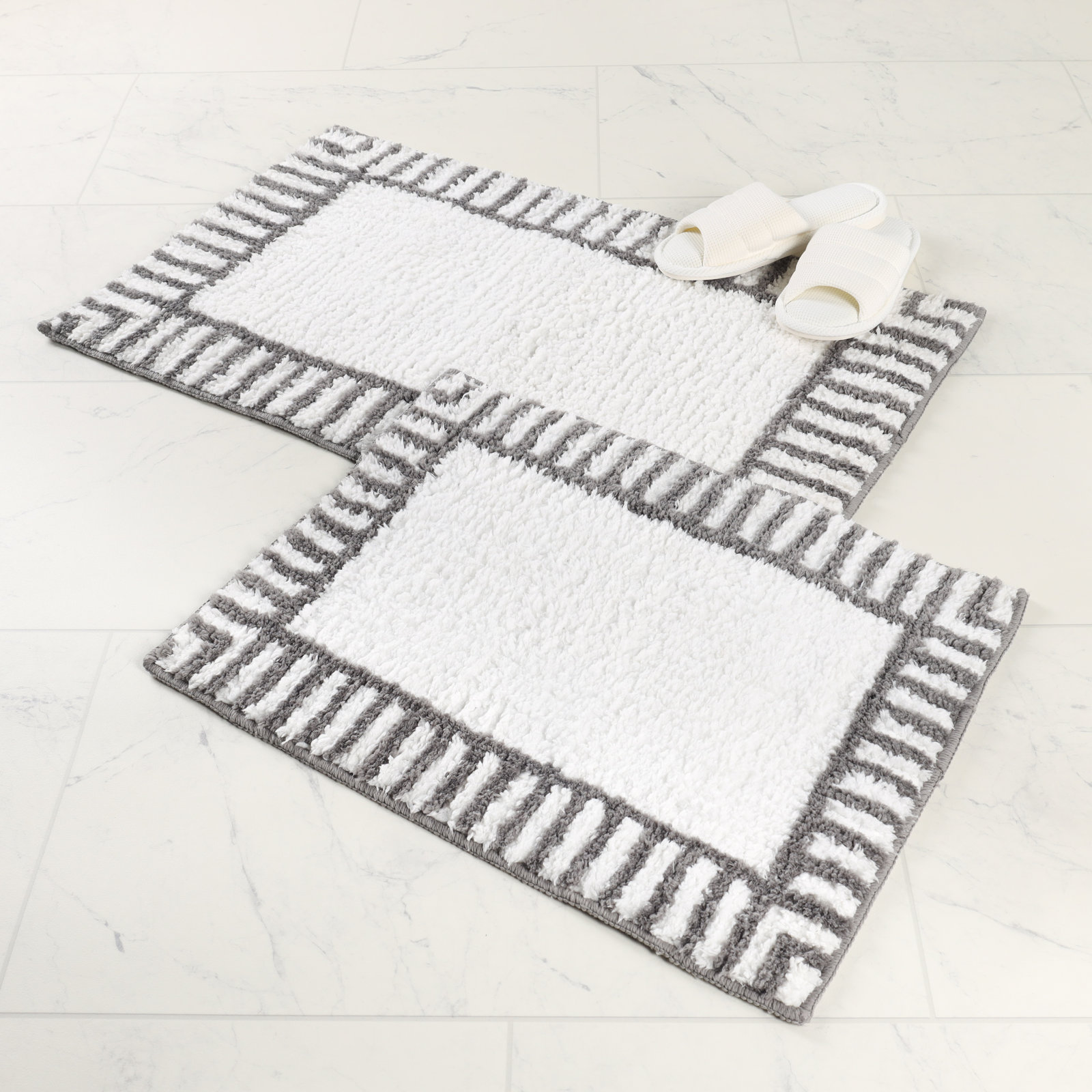 Inaya Modern Striped Plush Tufted Shag Machine Washable 2 Piece Bathroom Rug Set, White/Gray, MEDIUM- 2 Piece Set