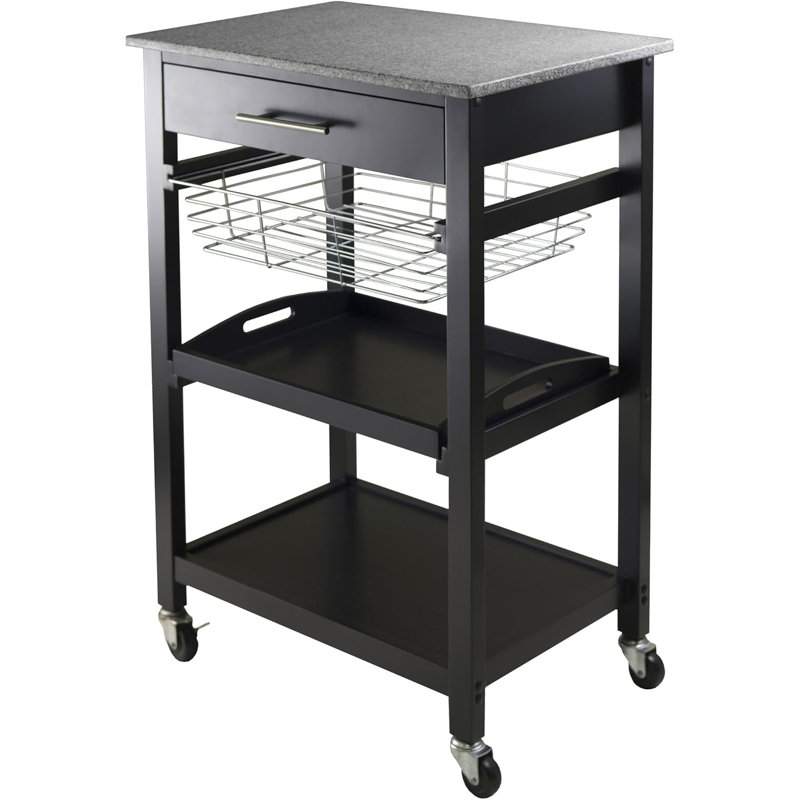 Utility Cart With Granite Top, Foldable Metal Basket, And Removable Tray For Versatile Storage