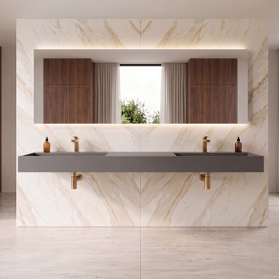 Juniper 84" Wall Mounted Solid Surface Floating Double Bathroom Sink with Concealed Drain - Gray