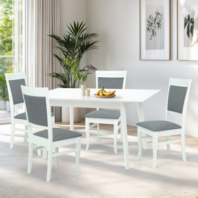 Dining Table Set for 4, Classic Style Solid Wood Ronda Chairs w Extendable Rectangular Table, Kitchen Room Set, Medium Brown Color w Dark Beige Fabric