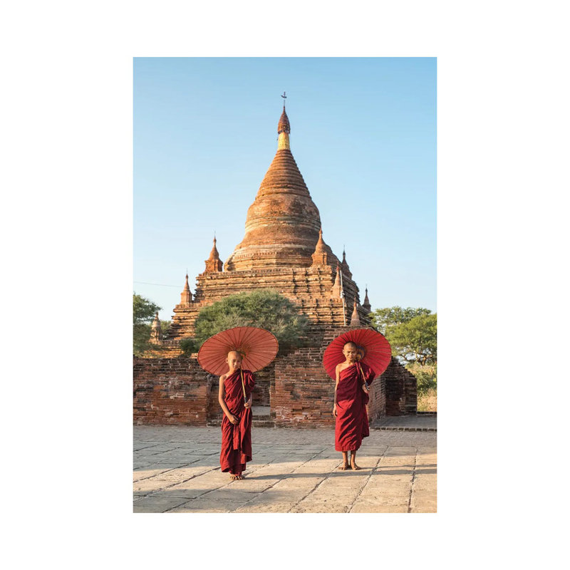 Two Young Novice Monks with Red Umbrellas Standing in Front of A Temple, Bagan, Myanmar 1 Piece Wrapped Canvas Wall Art