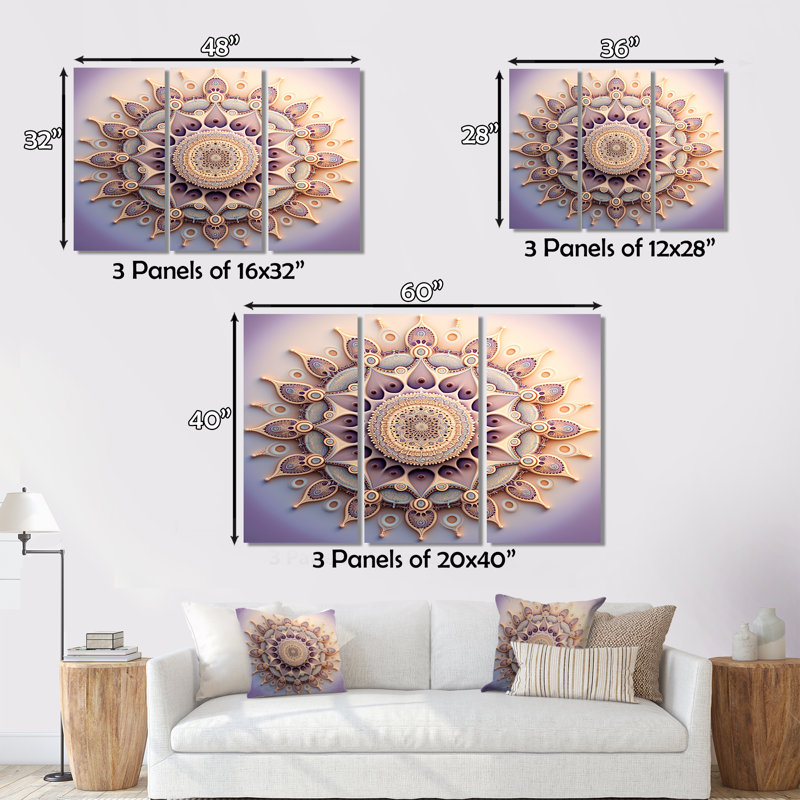 «Ethereal Fractal Mandal» en mauve et jaune I - ensemble de reproductions d'art sur toile Boho Mandala