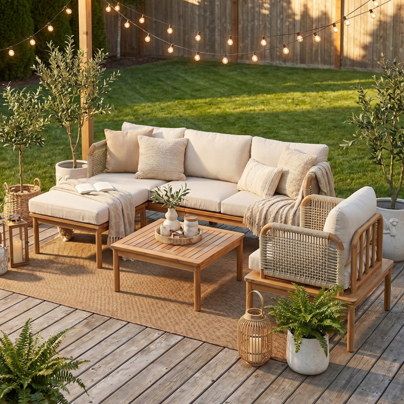 Ensemble de meubles 4 pièces en bois d'acacia, canapé de conversation avec table basse et repose-pieds, ensemble de canapé d'extérieur 3 places pour balcon