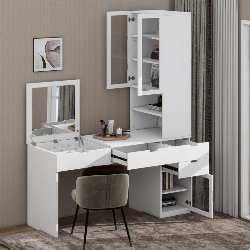 Table de coiffeuse avec miroir et plateau de maquillage avec bibliothèque et station de charge