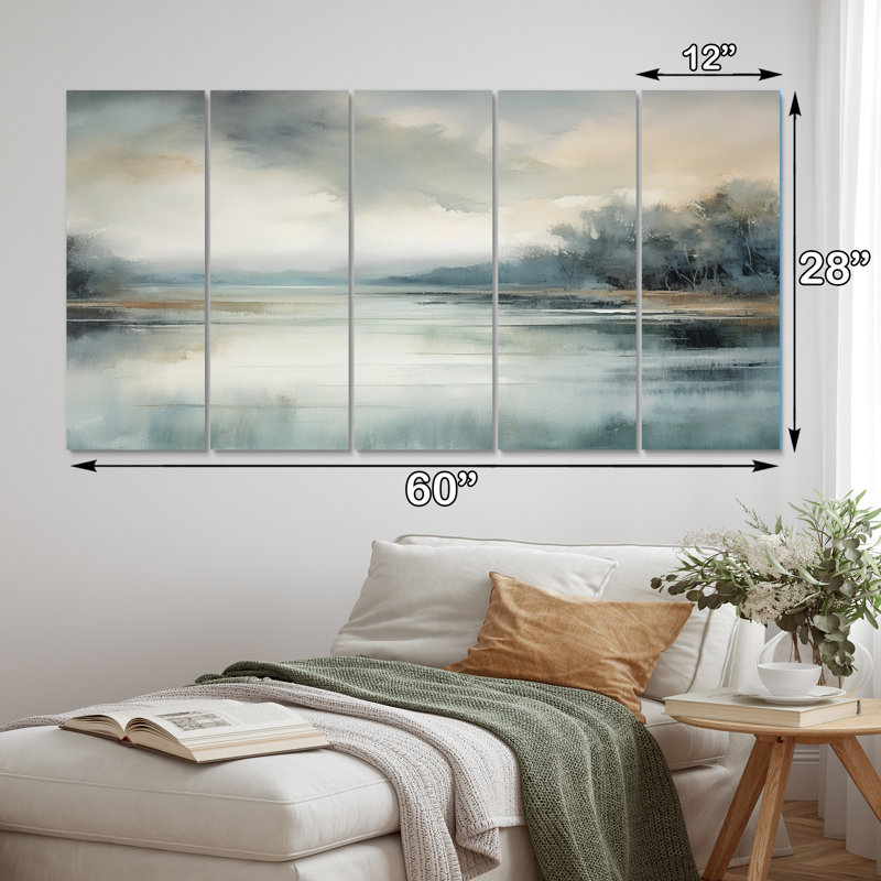 Misty Lake Serenity Retro Watercolor I - Lake Wall Art Living Room - 5 Equal Panels