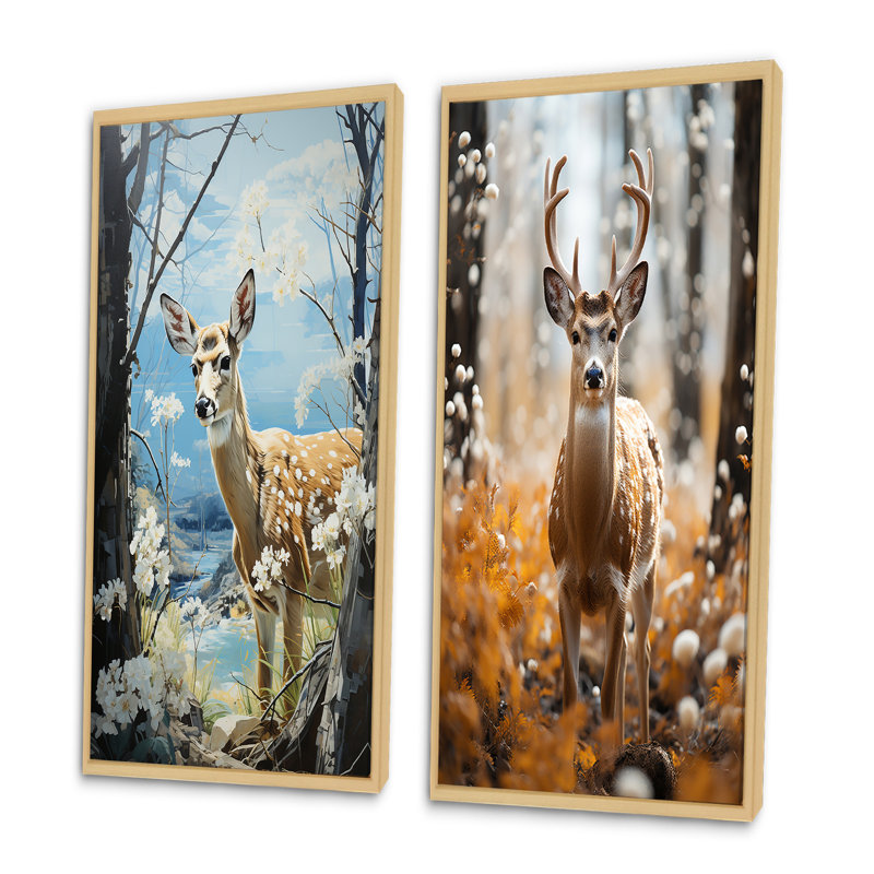 «Deer Graceful Fawn Pastoral», 2 pièces, Encadrement brun, H 32 po x l 32 po