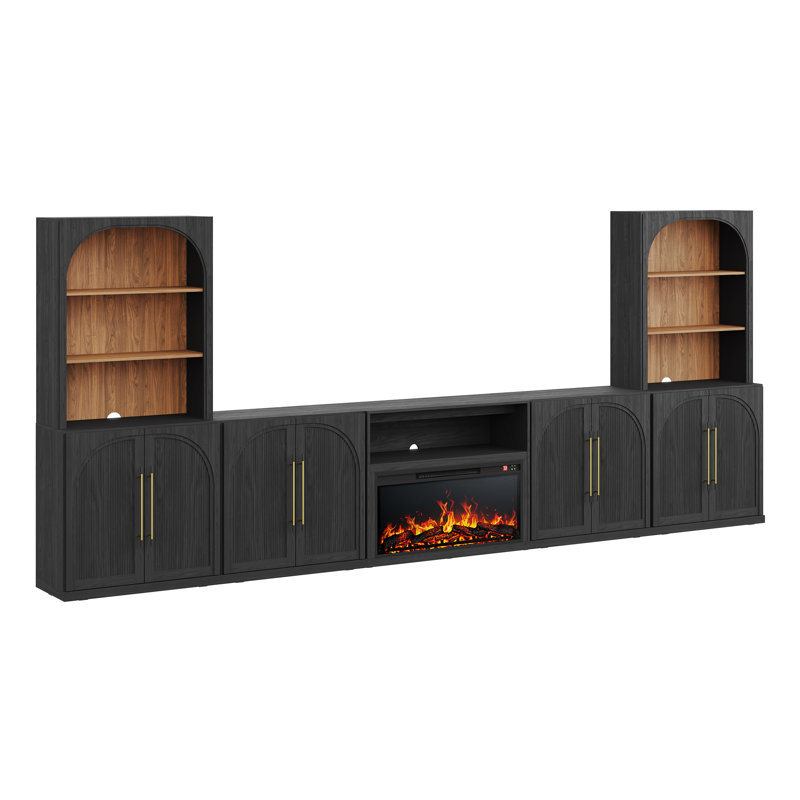 Meuble télé mural Jagger 170 po avec foyer de 36 po et porte en bois, ébène, Ébène