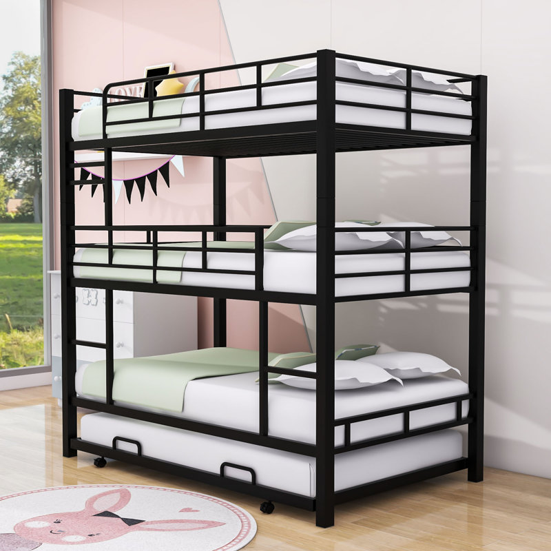 Metal Twin Triple Bunk Bed With Trundle, Black