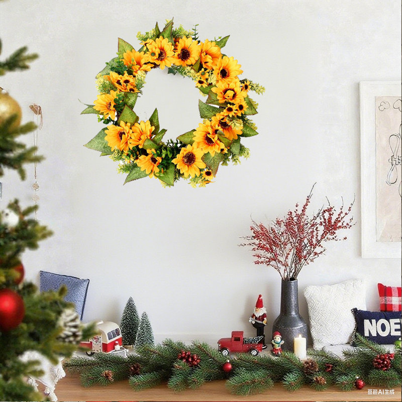 Couronne de tournesol 17,72 "pour la porte d'entrée - Couronne florale artificielle d'été luxuriante, décoration de bricolage pour mur, maison, mariage, fête, Noël (jaune)