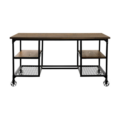 Modern Traditional Aesthetic 1Pc Writing Desk With 4X Shelves Metal Casters Natural Finish And Rustic Black Metal Finish