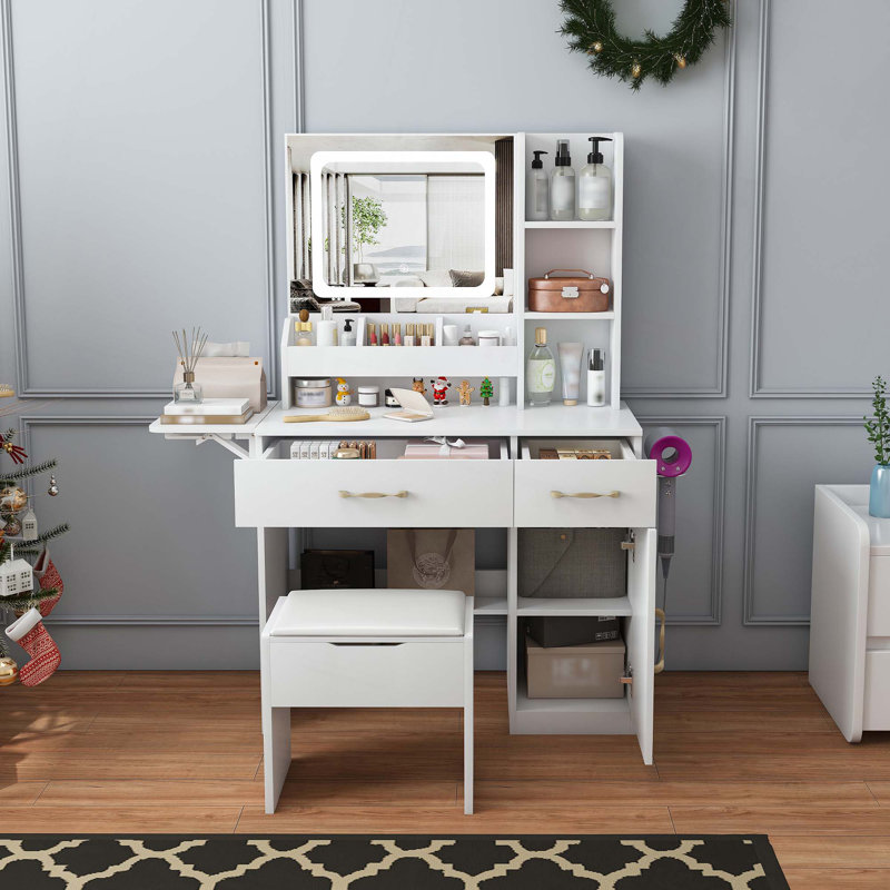 Bureau de coiffeuse avec lumières à miroir DEL et station de charge de prise de courant, coiffeuse à maquillage avec 3 tiroirs, 7 tablettes et tabouret de rangement, pour filles et femmes