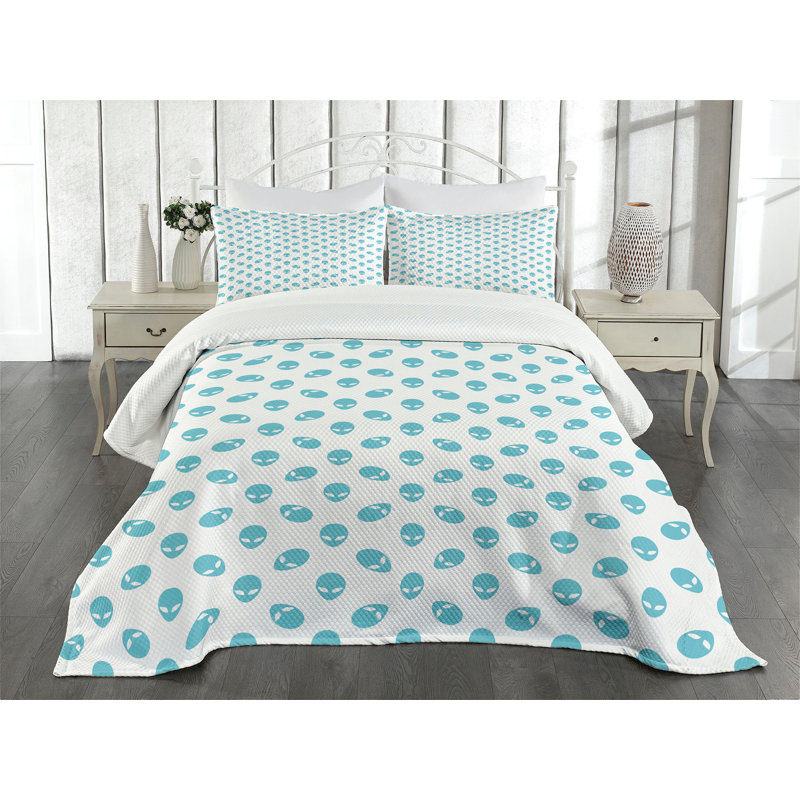 Ambensonne Alien Bedspread Space Visitors Blue White, King Coverlet/Bedspread + 2 Pillow Shams