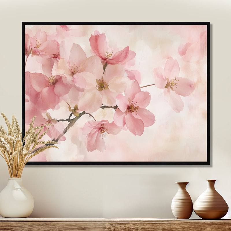 «Spring Cherry Blossom Drift I», impression d'art floral rose, H 16 po x l 32 po, Cadre flottant noir