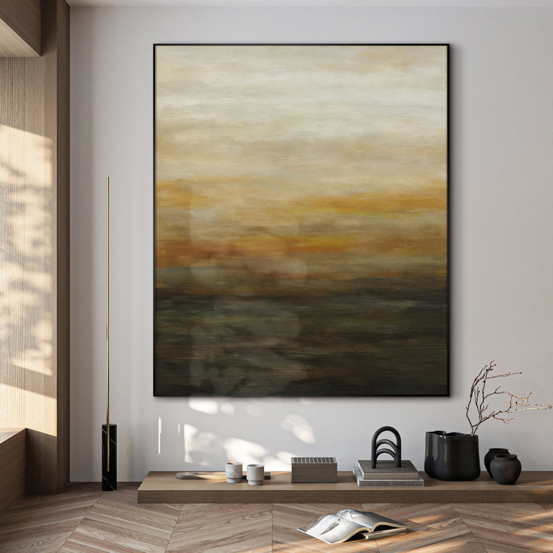 Extra large horizon chaud, reproduction d'art abstrait - brun terreux et or, décor de paysage dégradé pour le salon ou la chambre à coucher, assemblage de cadre requis