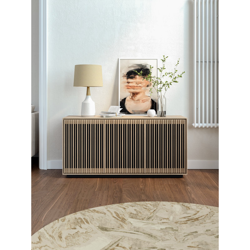 Toasted Oak and Black 3-Door Media Storage Console with Glass Shelves