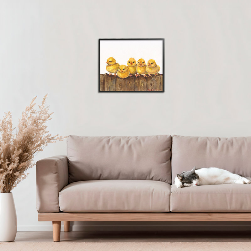 Poussins sur la clôture, estampe numérique, conception de George Dyachenko, H 11 po x l 14 po, Giclée encadrée noir minuit