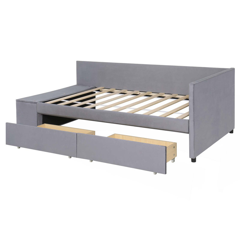 Lit plateforme simple tapissier en forme de L avec rangement et tiroirs, Gris