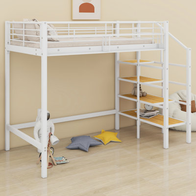 Structure de lit mezzanine multifonctionnelle en métal avec grille de rangement supérieure