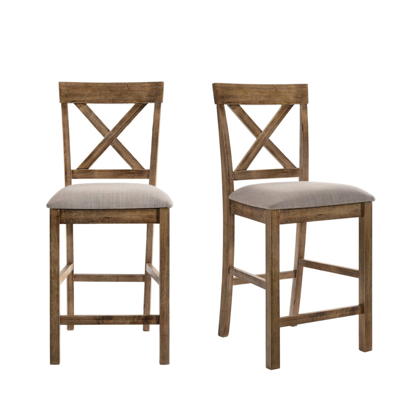 Sans accoudoirs, revêtu de lin, 2 chaises de salle à manger, bois en forme de X, brun clair et chêne antique, siège rembourré, hauteur de comptoir à hauteur standard, dossier croisé, couleur, siège uni