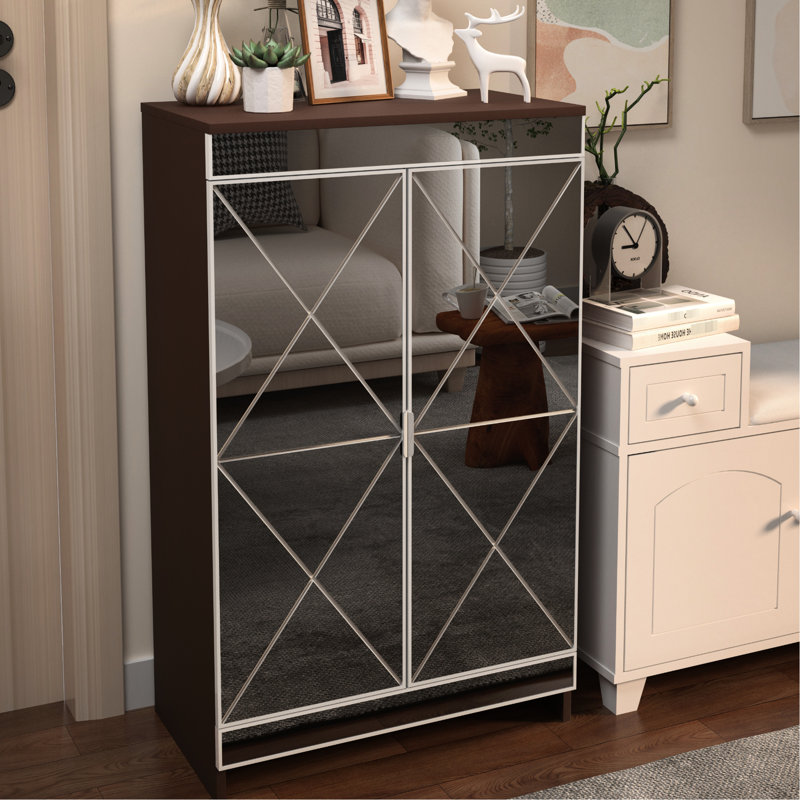 Modern Double Door Mirrored Shoe Cabinet - Brown Color, Frosted Glass, Silver Edging Design Brown, Accents