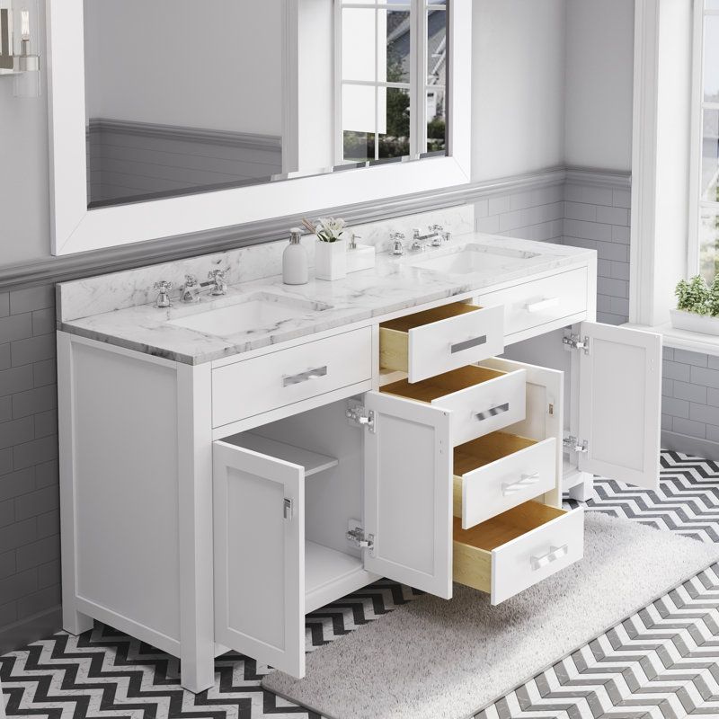 Meuble-lavabo de comptoir en marbre blanc de 72 po avec miroir Madison, Blanc uni