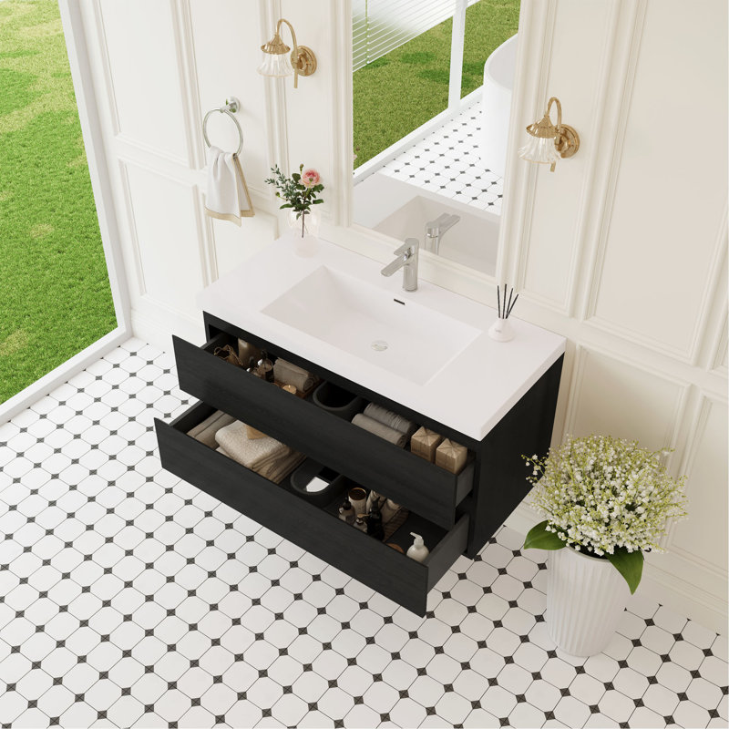Meuble-lavabo flottant 42 po avec lavabo, meuble de rangement mural avec lavabo à surface solide et tiroirs à fermeture en douceur entièrement assemblés