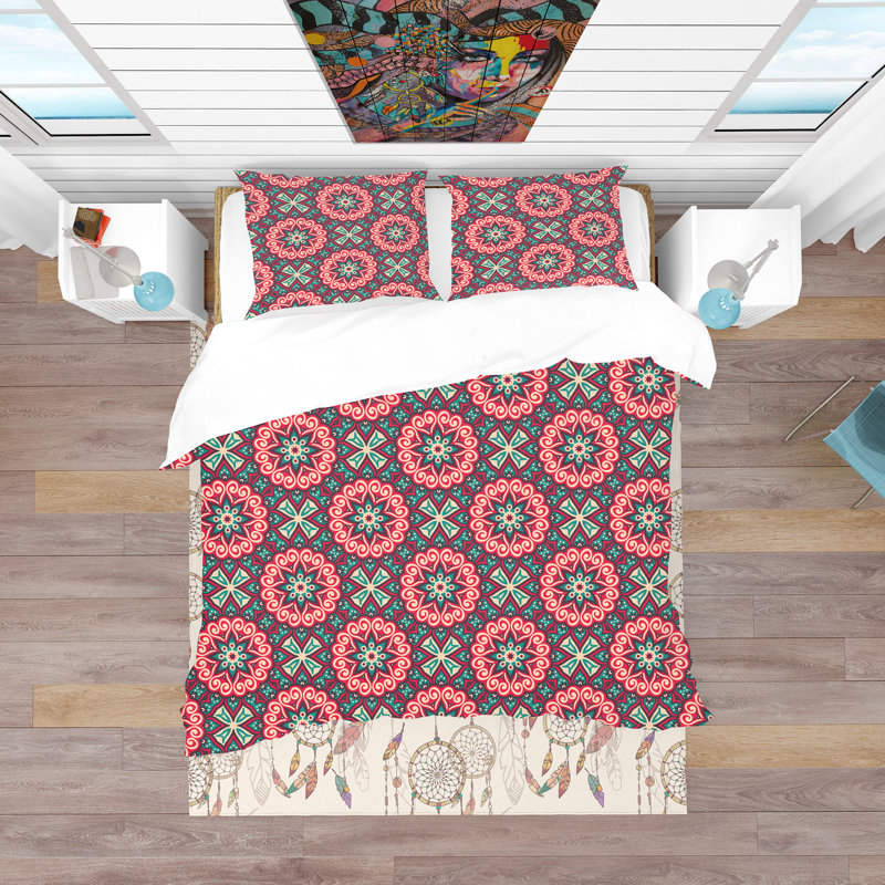 Vintage Decorative Elements - Floral Abstract Duvet Cover Set - Microfiber Polyester, Full/Queen Duvet Cover + 2 Shams