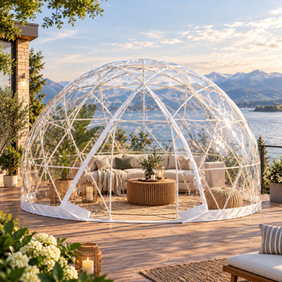 Dôme de jardin 3,65 x 3,65 m, tente bulle transparente d'extérieur avec bâche en PVC transparent, abri géodésique résistant aux intempéries pour cour arrière, terrasse, jardin, camping, fêtes et mariages