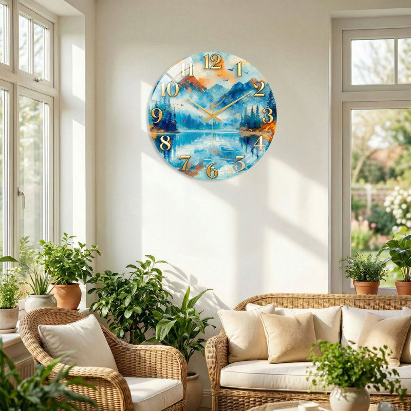 «Mountain Lake», horloge murale en verre, 40 x 40 cm (15,7 x 15,7 pouces)