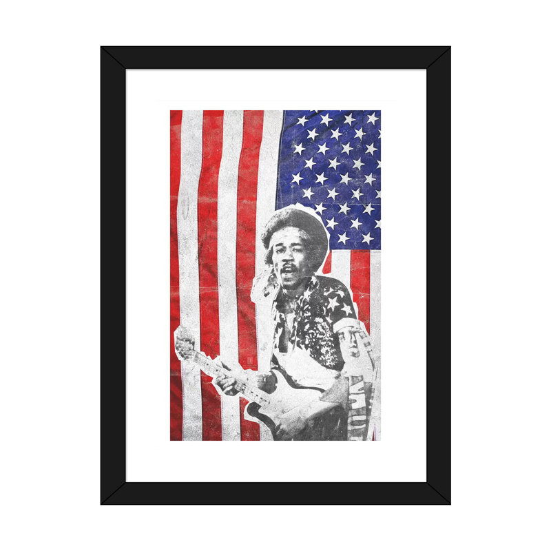 «Jimi Hendrix Big Flag», reproduction d'impression, H 24 po x l 16 po x P 1 po, Papier encadré noir, Blanc