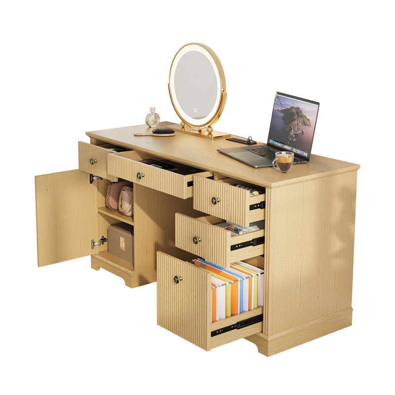 Bureau double caisson cannelé avec rangement à 5 tiroirs Mid-centeuy