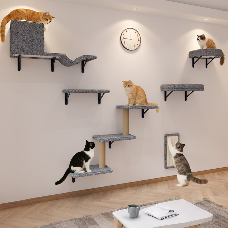 Ensemble de 10 meubles muraux pour chat, comprenant des étagères murales verticales, un arbre à chat, des plateformes, des griffoirs en sisal et des marches pour chats d'intérieur, gris pâle