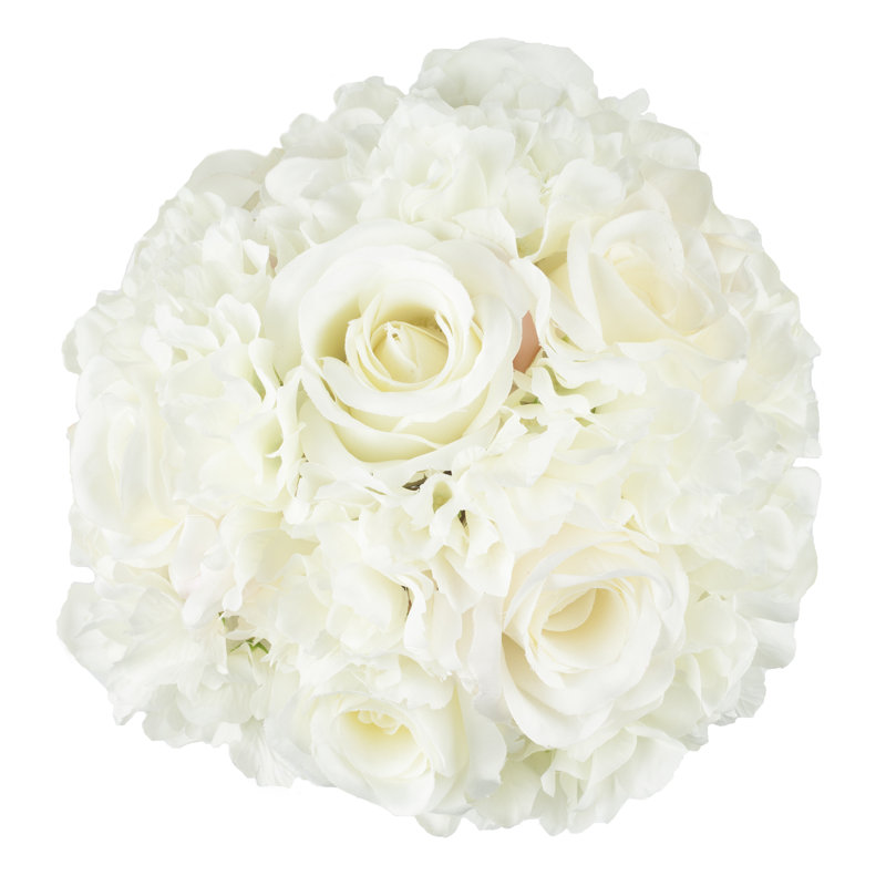 Arrangement floral avec vase - Accent réaliste avec 10 hortensias et 11 roses dans un contenant en verre transparent avec de l'eau artificielle