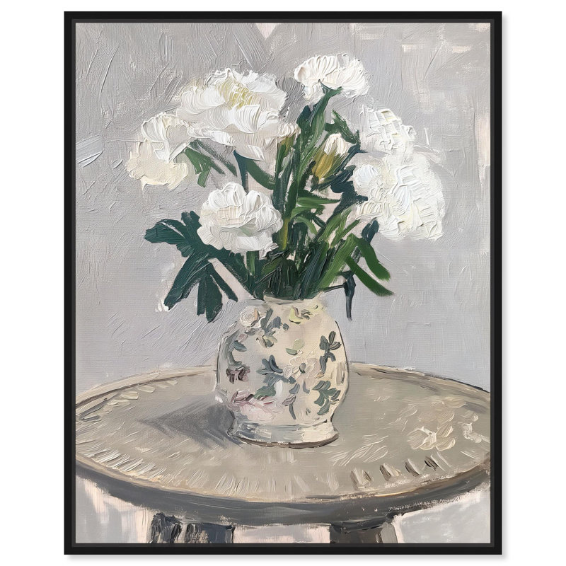 «Blossoms on a Quiet Table Canvas Elegant Florals» par Art Remedy, Cadre flottant noir, H 21 po x l 17 po