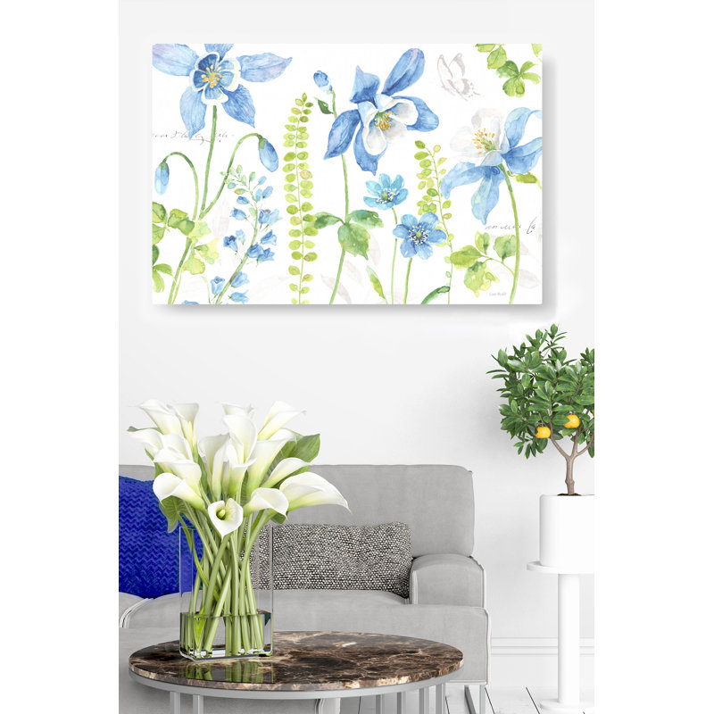 Fleurs de jacinthe des bois, Butterly, fougère, feuilles, floral, aérien, bleu, blanc, vert, H 26 po x l 50 po x P 1,5 po