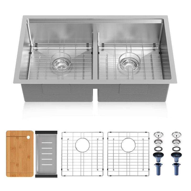 Frogink 33 inch Udermount Handmade 18 Gauge 50/50 Double Bowl Stainless Steel with Nano Coating Workstation Kitchen Sink with 6 Accessories 33"L x 19"W x 10"D