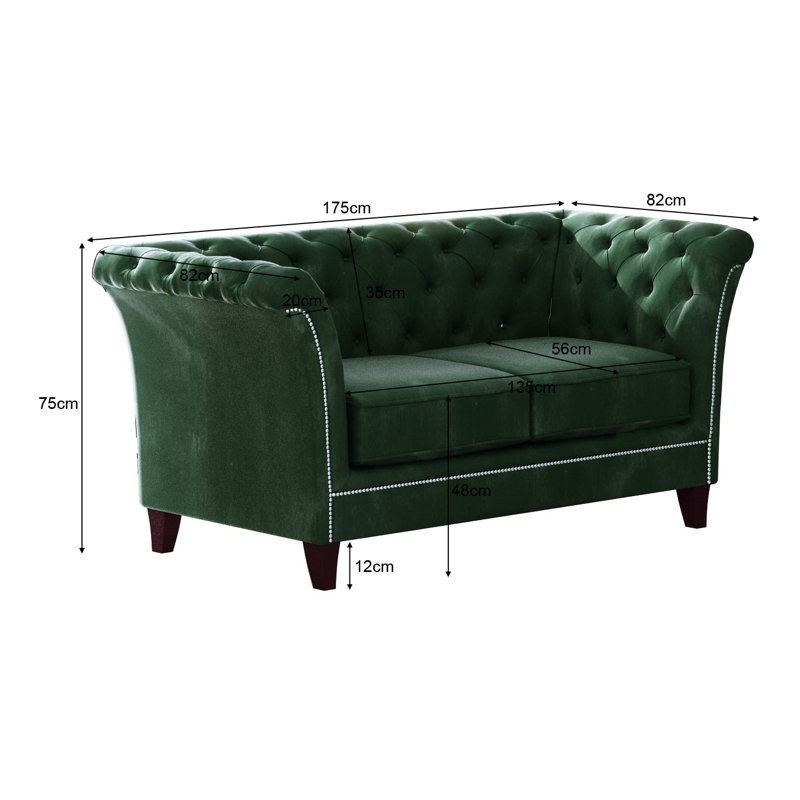 Chesterfield  Sofa 2 Seater Made of Velvet Fabric with Solid Wood Legs, Bottle Green