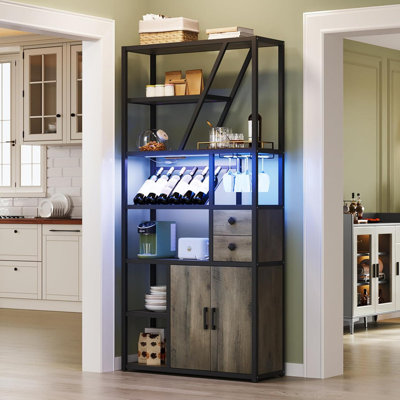 Wine Bar Cabinet with LED Lights & Power Outlets - Coffee Bar Station with Wine Rack for Kitchen Living Room