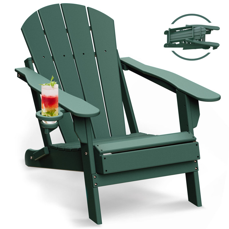 HDPE Folding Outdoor Adirondack Chair With Cup Holder, Forest