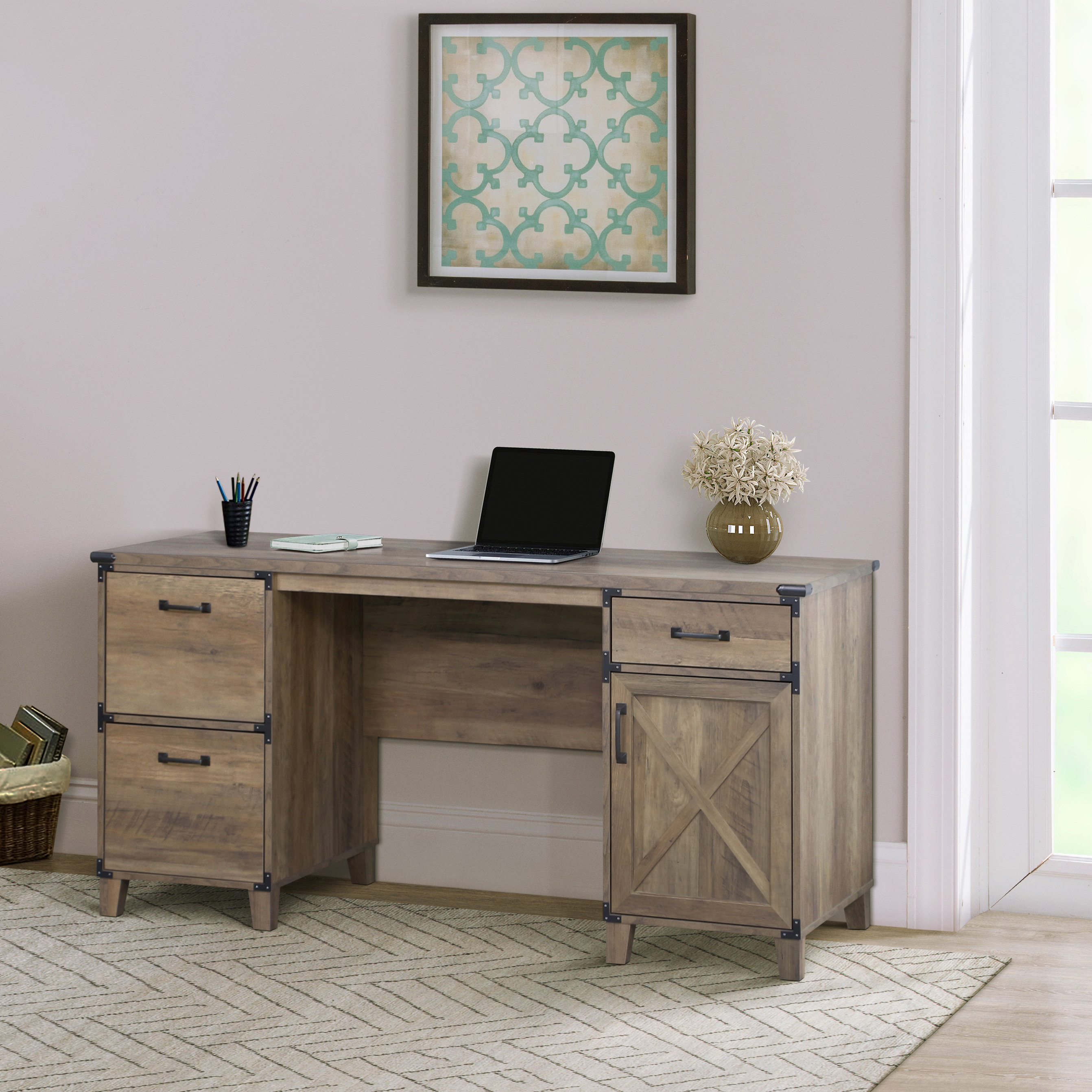 Poston Rustic Solid Wood 4 Drawer 62 Inch Large Home Office Computer Desk