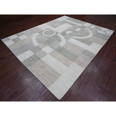 Tapis oriental 8 pi 9 po x 11 pi 6 po, motif inspiré du Bauhaus, motif géométrique et à lignes, noué à la main, 100% laine
