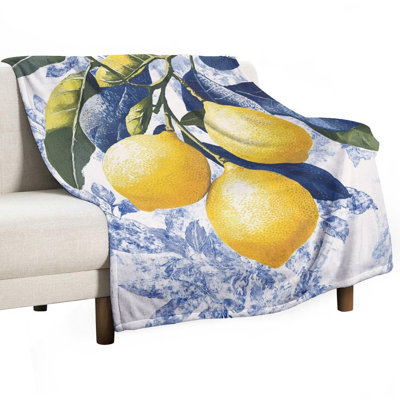 Lemons Ripening on Branch Blue Leaves Luxury Flannel Throw Blanket, Soft Warm Fuzzy Blanket for Living Room Sofa Bed Home Decor