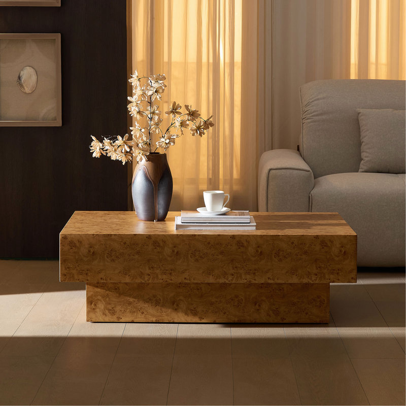 Table basse décorative 43,31 pouces en faux bois de ronce, table rectangulaire de style Mid-Century moderne pour le salon, table basse avec piédestal robuste en bois aggloméré pour le bureau, appartement