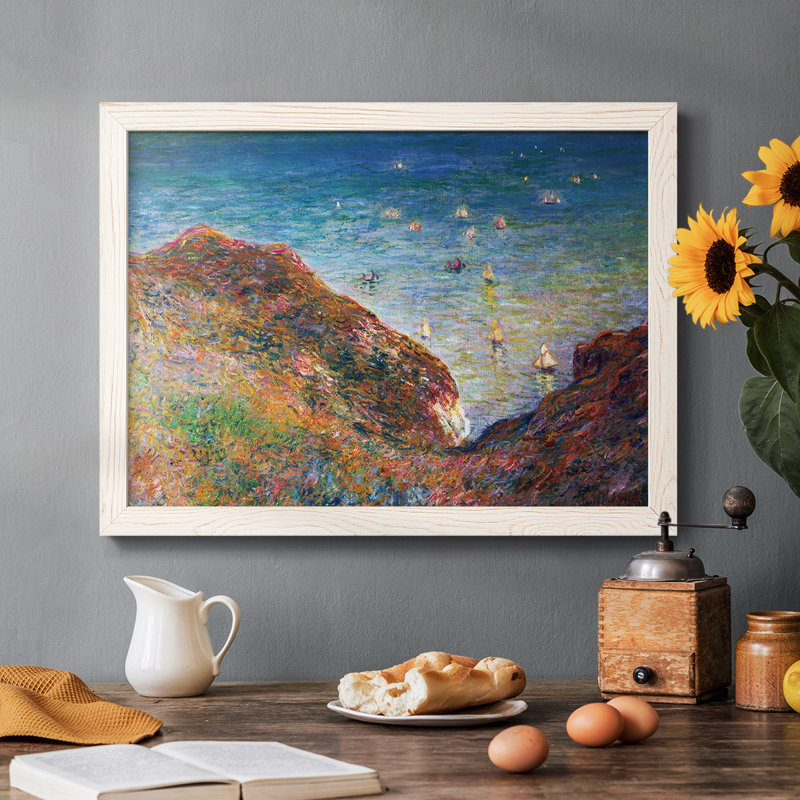 Sur les falaises de Pour Ville, beau temps par Monet - Toile tendue avec châssis rustique, Cadre blanc