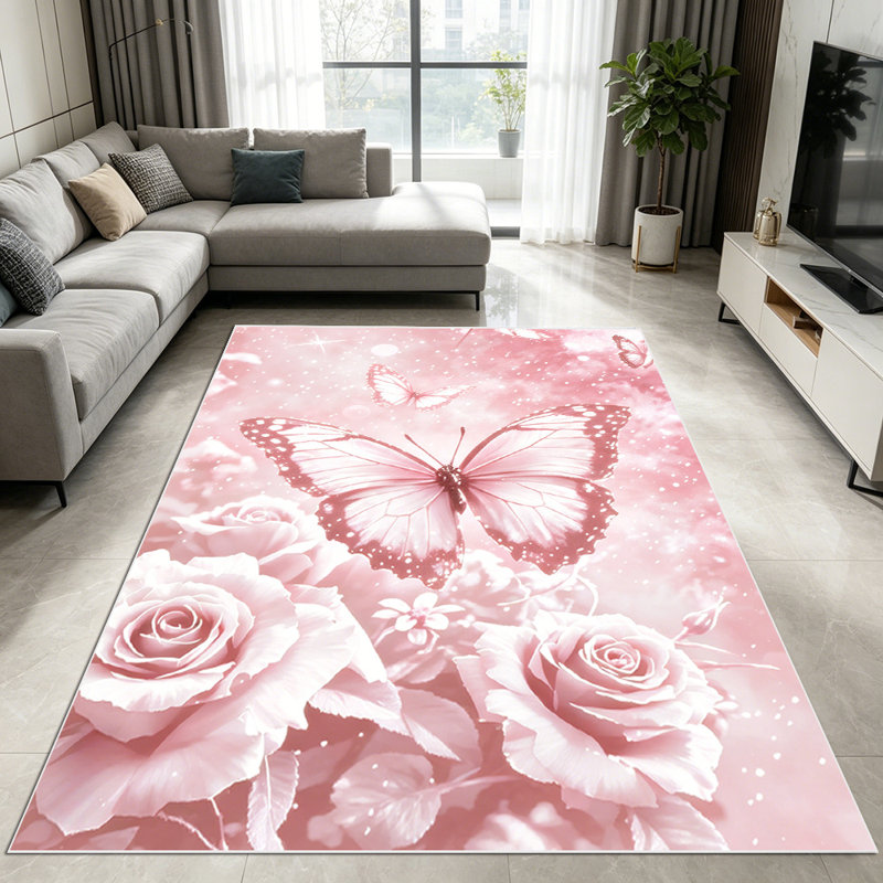 1PC Pink Sparkle Rose & Butterfly Romantic Floral area rugs for Living Room, Soft, All seasons, Easy-maintain, Washable Indoor mat, Farmhouse suitable for dining table, bedroom entryway, kitchen patio, balcony home office, Home Decor, Outdoor Decor.