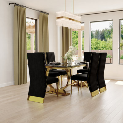 7 Piece Luxury Dining Table Set With 6 Velvet Dining Chairs