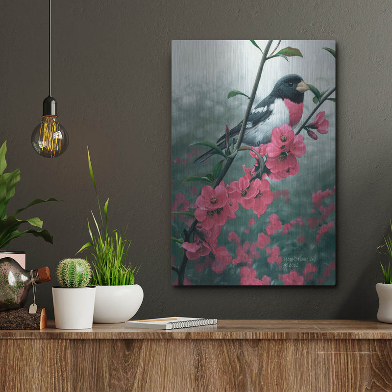 «Spring - Rose-seined Grosbeak» par Mark Mueller, art mural en métal, H 16 po x l 12 po