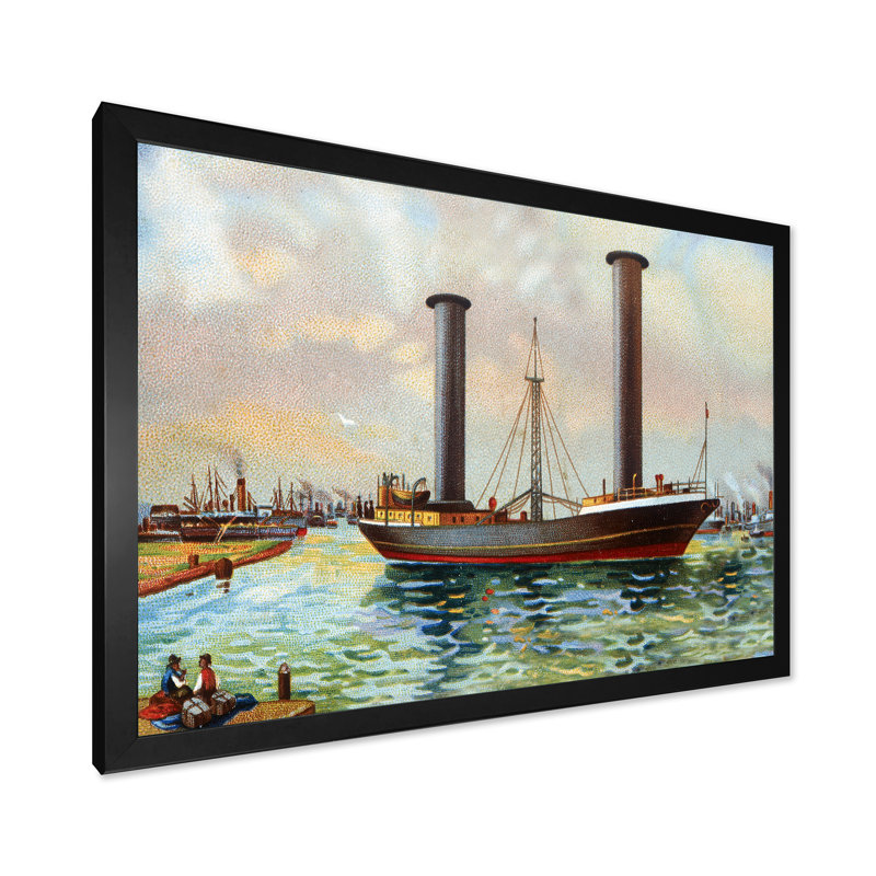 Ancien bateau qui sort du port - reproduction d'art sur toile, H 24 po x l 32 po x P 1 po, Cadre noir